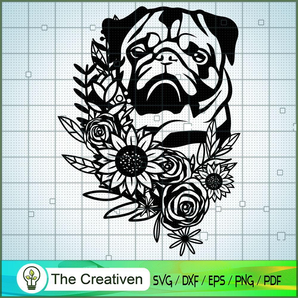 Pug Dog with Flowers and Plants SVG, Dog Breeds SVG, Flower SVG 1 Pug Dog with Flowers and Plants SVG, Dog Breeds SVG, Flower SVG