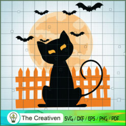 Cat Halloween with Bat & Moon Background SVG, Cat SVG, Halloween SVG