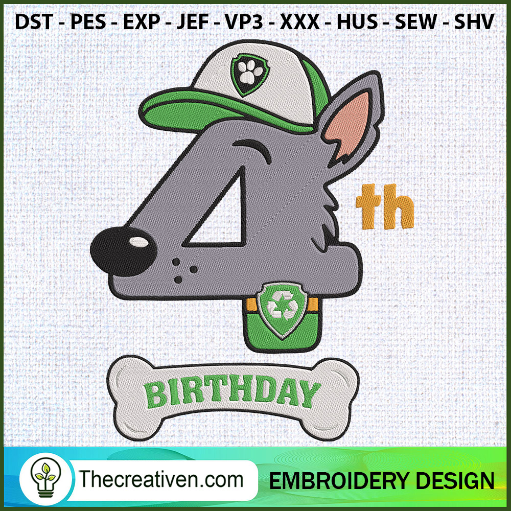 4th Birthday Rocky Paw Patro Embroidery Design 1 4th Birthday Rocky Paw Patro Embroidery Design