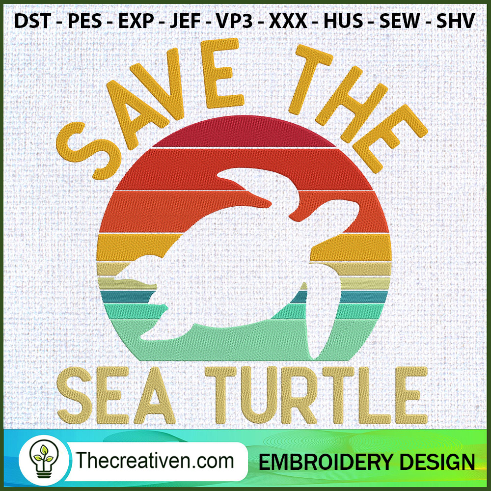 Retro Save the Sea Turtle Em Embroidery Design 1 Retro Save the Sea Turtle Em Embroidery Design