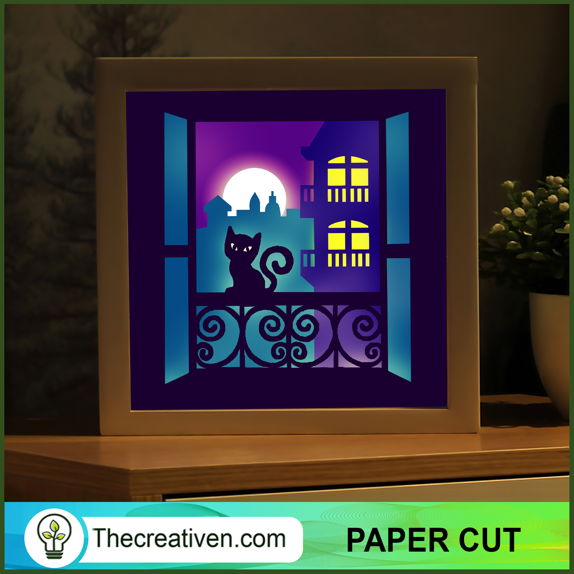 The Cat Outside The Door Shadow Box, Cat Paper Cut, 3D Cut Light Box 1 The Cat Outside The Door Shadow Box, Cat Paper Cut, 3D Cut Light Box