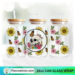 The Creativen 28 Skull With Flower 16oz Libbey Glass Can Tumbler Sublimation Design - Design Digital Download PNG