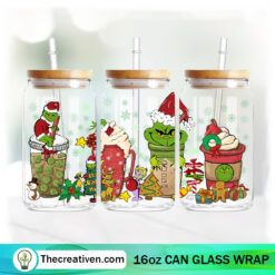 Grinch Christmas With Coffee Cup 16oz Libbey Glass Can Tumbler Sublimation Design