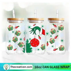 Grinch Hand With Jingle Bell 16oz Libbey Glass Can Tumbler Sublimation Design
