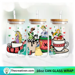 Disney Princess With Christmas Coffee 16oz Libbey Glass Can Tumbler Sublimation Design