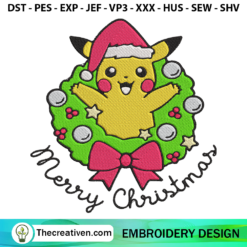 Pikachu With Wreath Merry Christmas Embroidery Design
